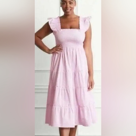 Hill House Ellie Nap Dress Medium Pink Gingham Tiered Midi Smocked Flutter - Picture 7 of 10